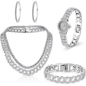 Cuban Link Jewelry Set – Women's 4-Piece Rhinestone Necklace, Bracelet, Earrings